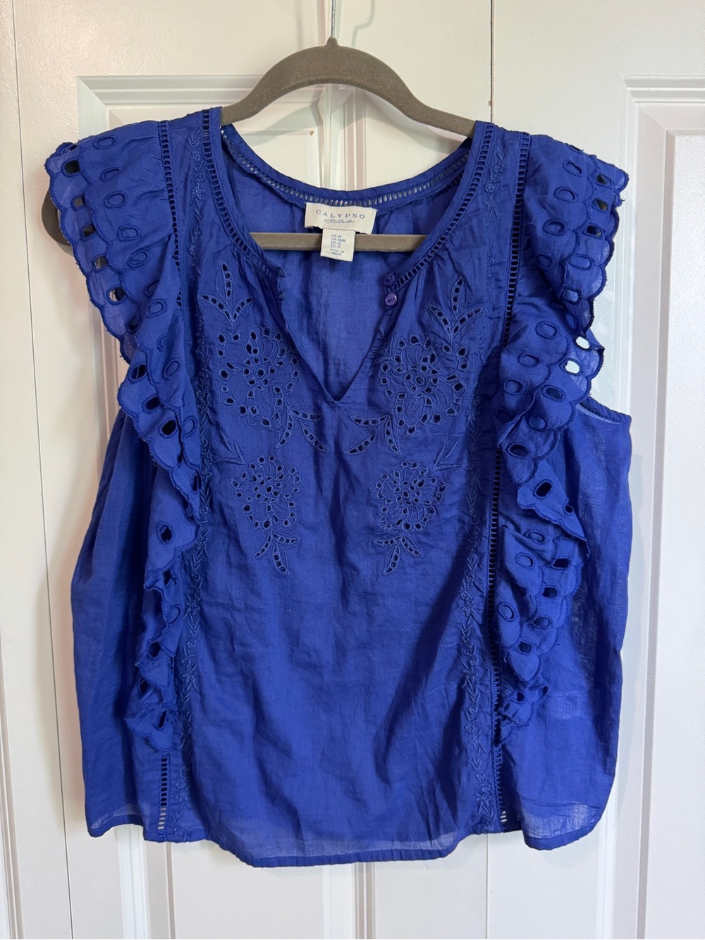 Calypso St. Barth Cobalt Blue Eyelet Ruffle Sleeveless Top